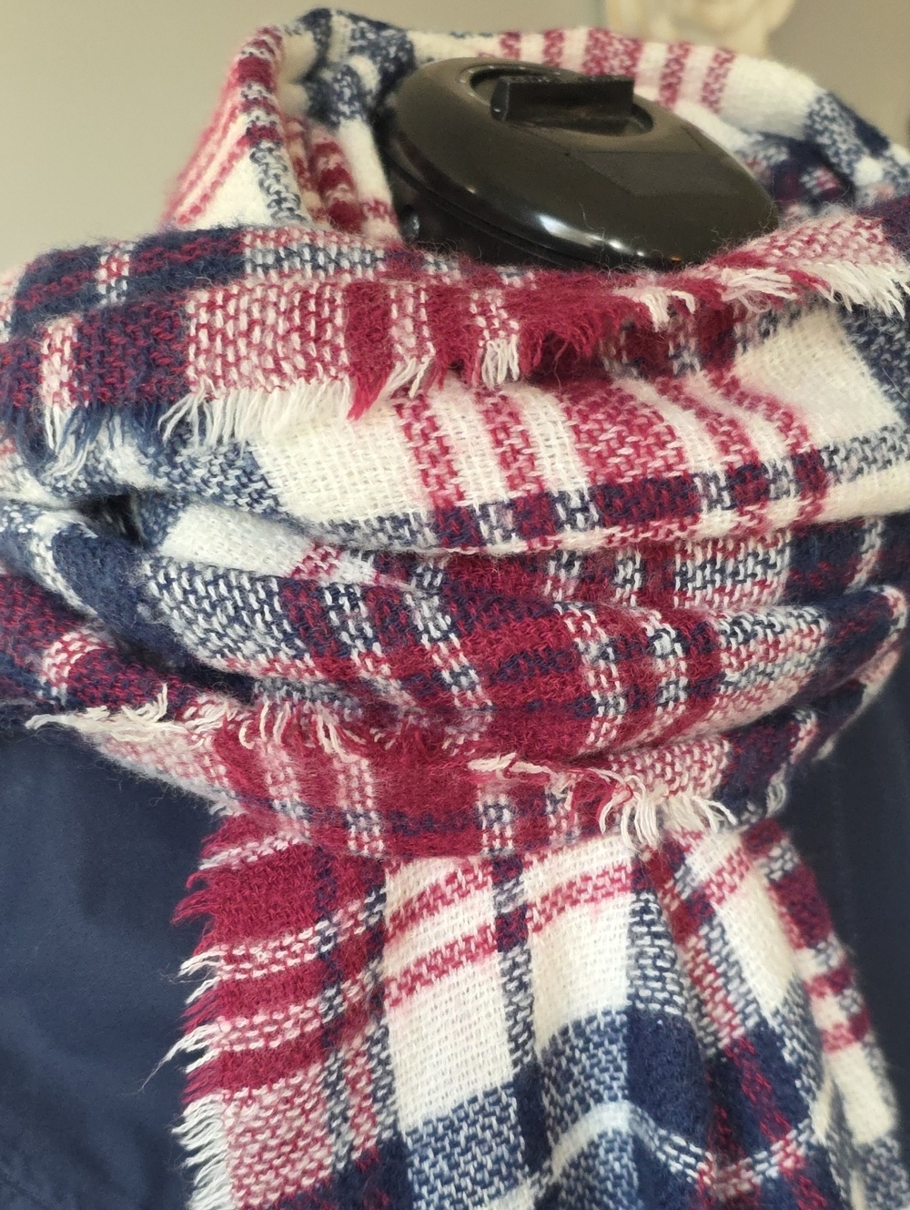 Plaid Fringe Oversized Scarf in Red, Navy & White